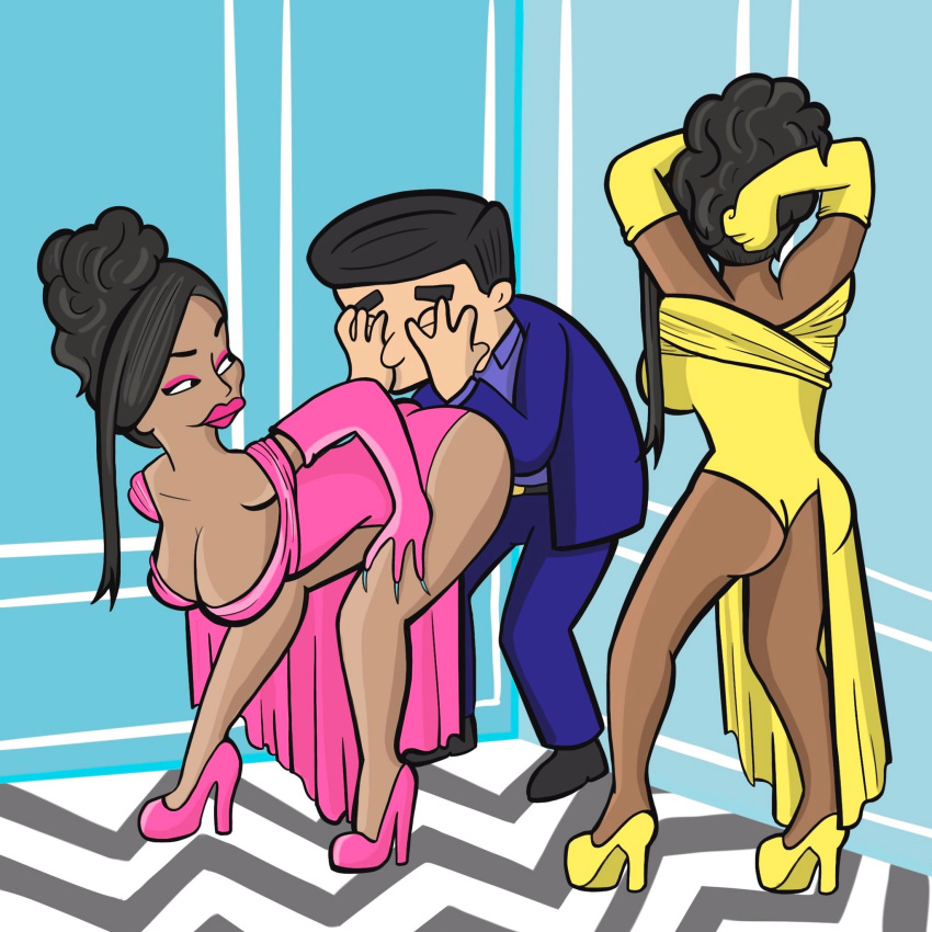 1boy 2girls ass ass_in_face assertive ben_shapiro bent_over black_hair breasts cardi_b cleavage closed_eyes clothing covering_eyes daisy_harding dark-skinned_female dark_skin disgusted dress eyeshadow female femdom funny gloves heels high_heels humor interracial large_breasts lipstick long_fingernails looking_back male megan_thee_stallion melanin parody real_person revealing_clothes scared teasing the_simpsons updo wap