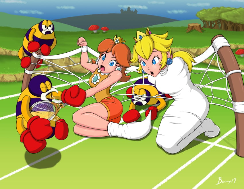 2girls big_ass big_breasts blonde_hair blue_eyes bondage brown_hair burnup19 clothing cocoon cocooned crown damsel damsel_in_distress earrings female female_focus femsub fighting_back full_body hands_behind_back hands_tied hostage mario_(series) mario_tennis multiple_girls multiple_subs mummification mummified nintendo outdoors princess_daisy princess_peach prisoner restrained scuttlebug spider submissive_female tied_up web web_bondage webbing