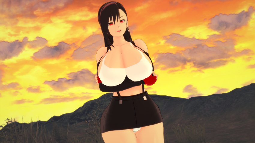 1girls 3d arms_crossed big_breasts black_fingernails black_skirt breasts brown_hair cleavage clouds compression_sleeve earrings erect_nipples erect_nipples_under_clothes evening female female_only final_fantasy final_fantasy_vii gloves holding_breasts huge_breasts human koikatsu large_breasts leather_skirt looking_at_viewer midriff midriff_baring_shirt miniskirt open_mouth panties patreon ponytail pose posing red_eyes short_skirt skirt sky smile smiling solo standing suspenders takeo92 tank_top tifa_lockhart tight_clothing white_panties white_top wide_hips