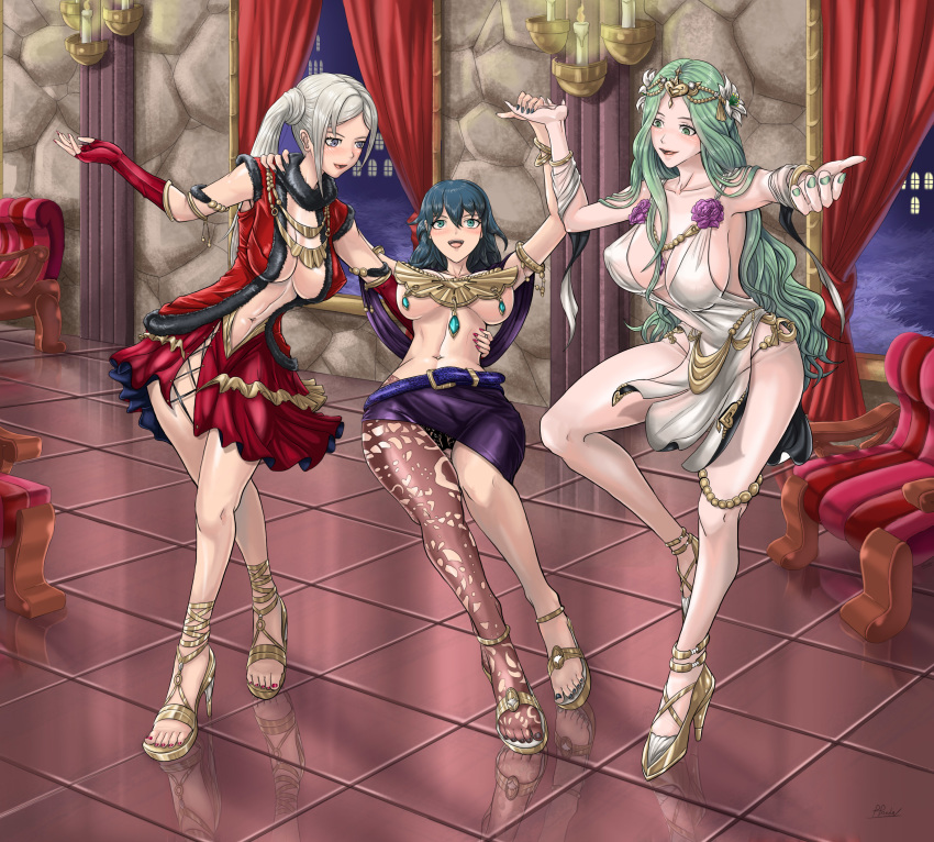 3girls accessory ballroom blue_hair byleth_(fire_emblem) byleth_(fire_emblem)_(female) dancing edelgard_von_hresvelg female_only fire_emblem fire_emblem:_three_houses fire_emblem_heroes green_hair large_breasts lingerie nintendo nude perverted_panda rhea_(fire_emblem) thighhighs white_hair yuri