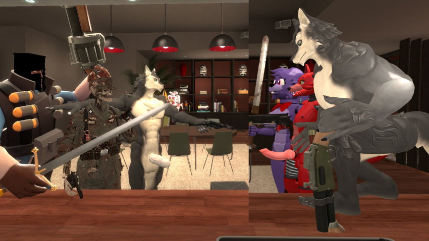 16:9 3d armor blood bodily_fluids bone bonnie_(fnaf) book canid canine canis demoman eyelander female female/female five_nights_at_freddy's foxy_(fnaf) garry's_mod genitals gun handgun headgear helmet hi_res male male/male mammal melee_weapon mk2 penis pipe_lancher plant ranged_weapon revolver shelf shotgun skeleton source_filmmaker steelfur sten straight sword team_fortress_2 valve video_games weapon whovian420 widescreen wolf