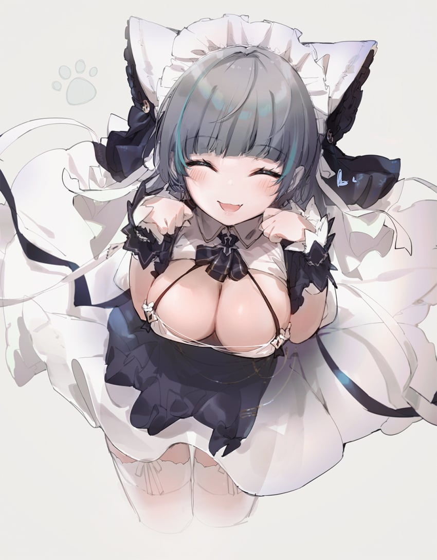 :d animal_ears azur_lane bent_over bow bowtie breasts cheshire_(azur_lane) cleavage closed_eyes cropped_legs dress facing_viewer fake_animal_ears female hands_up high_resolution large_breasts maid maid_headdress nekomimi oerba_yun_fang open-mouth_smile open_mouth paw_pose smile solo standing tagme thighhighs white_dress white_legwear wing_collar wrist_cuffs yatsuha_(hachiyoh)