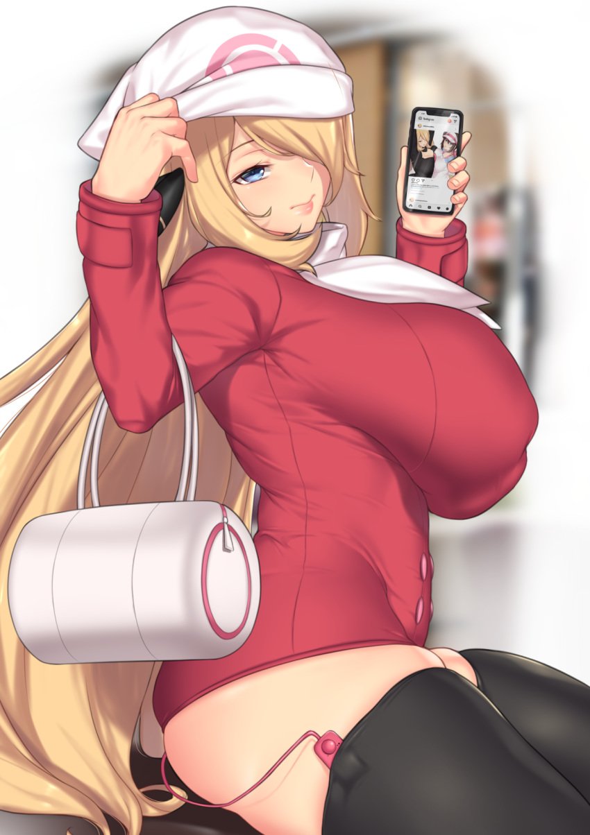 1girls aster_crowley big_breasts blonde_hair breasts cable cellphone cord cosplay cynthia_(pokemon) dawn_(pokemon)_(cosplay) female female_only huge_breasts human instagram large_breasts phone png pokemon pokemon_dppt pokemon_platinum red_jacket solo vibrator vibrator_cord