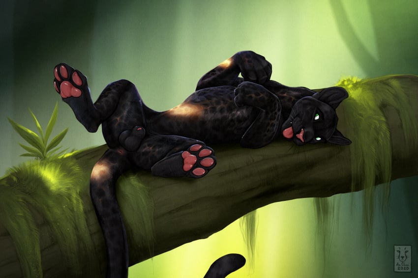 2020 4_fingers 4_toes absurd_res anatomically_correct anatomically_correct_genitalia anchee animal_genitalia animal_penis anus balls black_body black_fur blep digital_media_(artwork) feet felid feline_penis feral fingers fur genitals green_background hi_res hindpaw legs_up log lying male mammal moss on_back open_mouth pantherine pawpads paws penis penis_tip pink_nose pink_pawpads plant presenting shadowpanther sheath simple_background smile solo spots spotted_body spotted_fur spread_legs spreading teeth toes tongue tongue_out whiskers wood