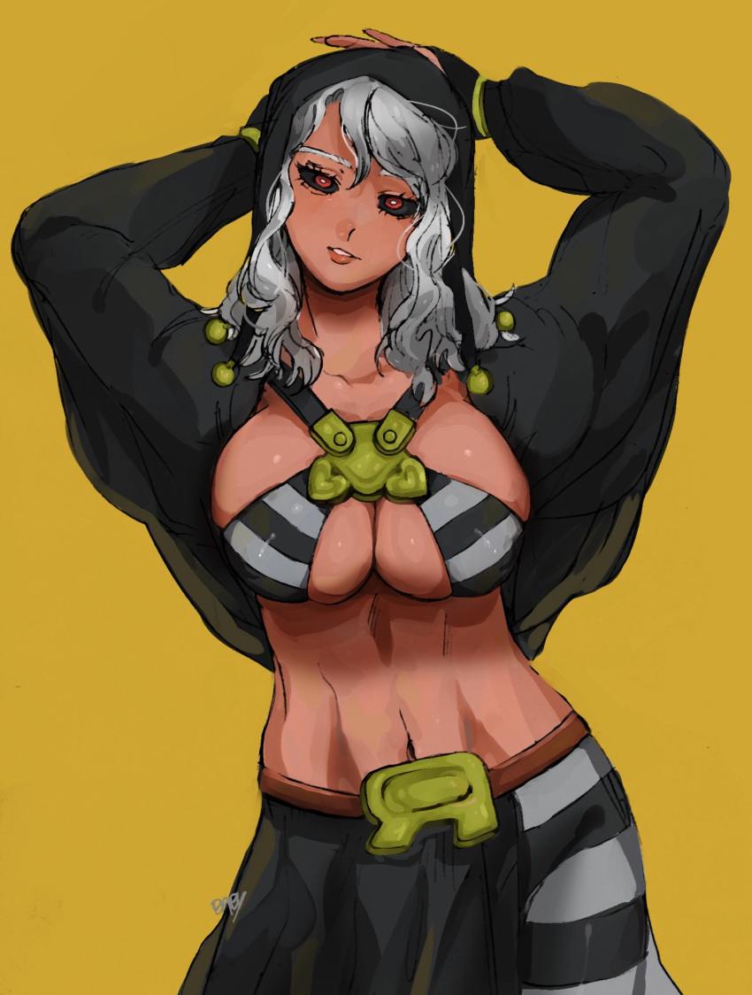 1girls big_breasts black_sclera breasts busty cleavage clothing curvy eyelashes female female_only fully_clothed hakko_baby highres hood huge_breasts jojo's_bizarre_adventure large_breasts lips long_hair looking_at_viewer navel pants red_eyes risotto_nero rule_63 sexually_suggestive signature solo standing teeth vento_aureo voluptuous white_hair wide_hips yellow_background