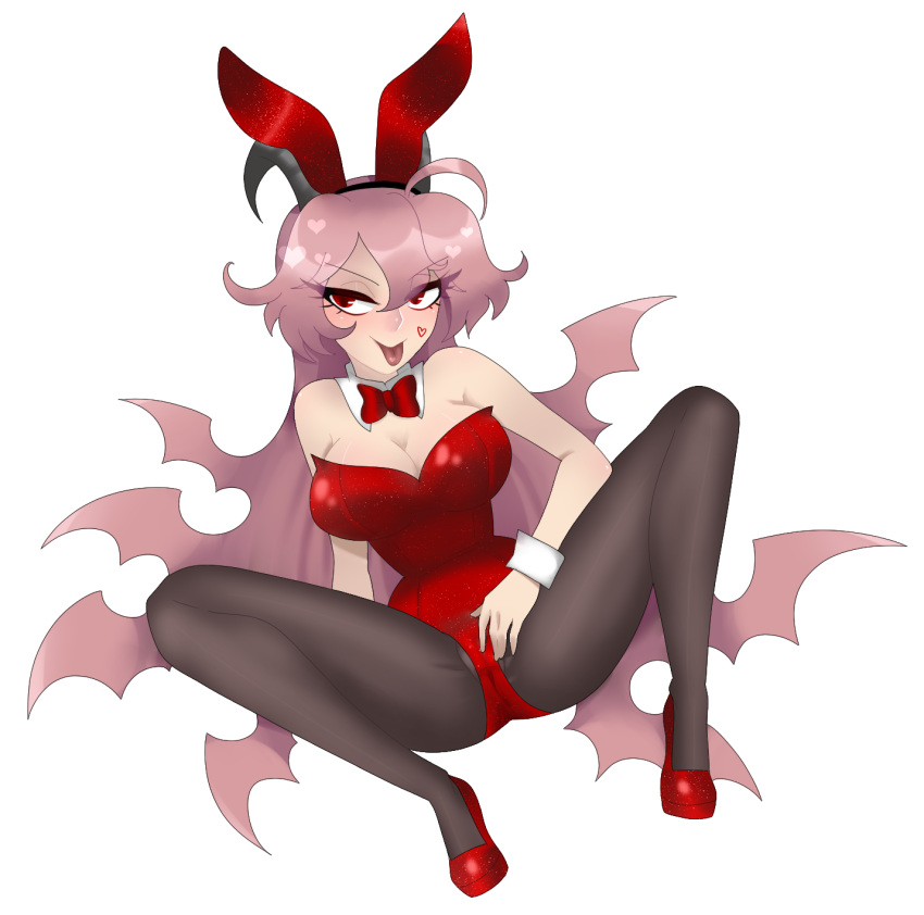 big_breasts bunny_ears bunnysuit clothed demon funamusea high_heels lil_(funamusea) pantyhose pink_hair presenting problilmatic seductive seductive_smile succubus tagme the_gray_garden transparent_background