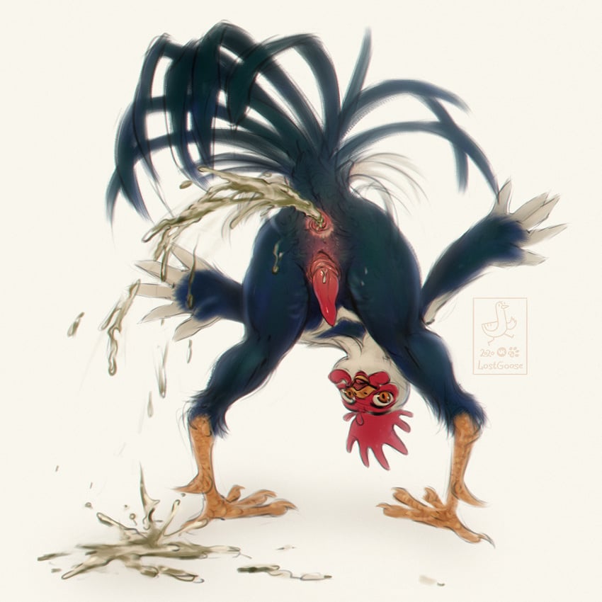 1:1 1boy anthro anus avian avian_caruncle beak bird butt chicken colored_feces dewlap_(anatomy) feathers feces galliform gallus_(genus) hi_res lostgoose male nude phasianid presenting presenting_anus scat simple_background solo tail_feathers tuft unusual_scat wattle