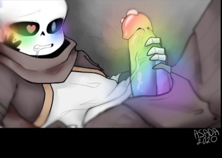 black_sclera blue_eyes brown_clothing brown_scarf cum drool drooling erection heart-shaped_pupils ink_sans_(fan_character) jerking male male_only masturbation penis precum precum_drip rainbow rainbow_blush rainbow_penis sans skeleton solo solo_male undertale undertale_au undertale_fanfiction