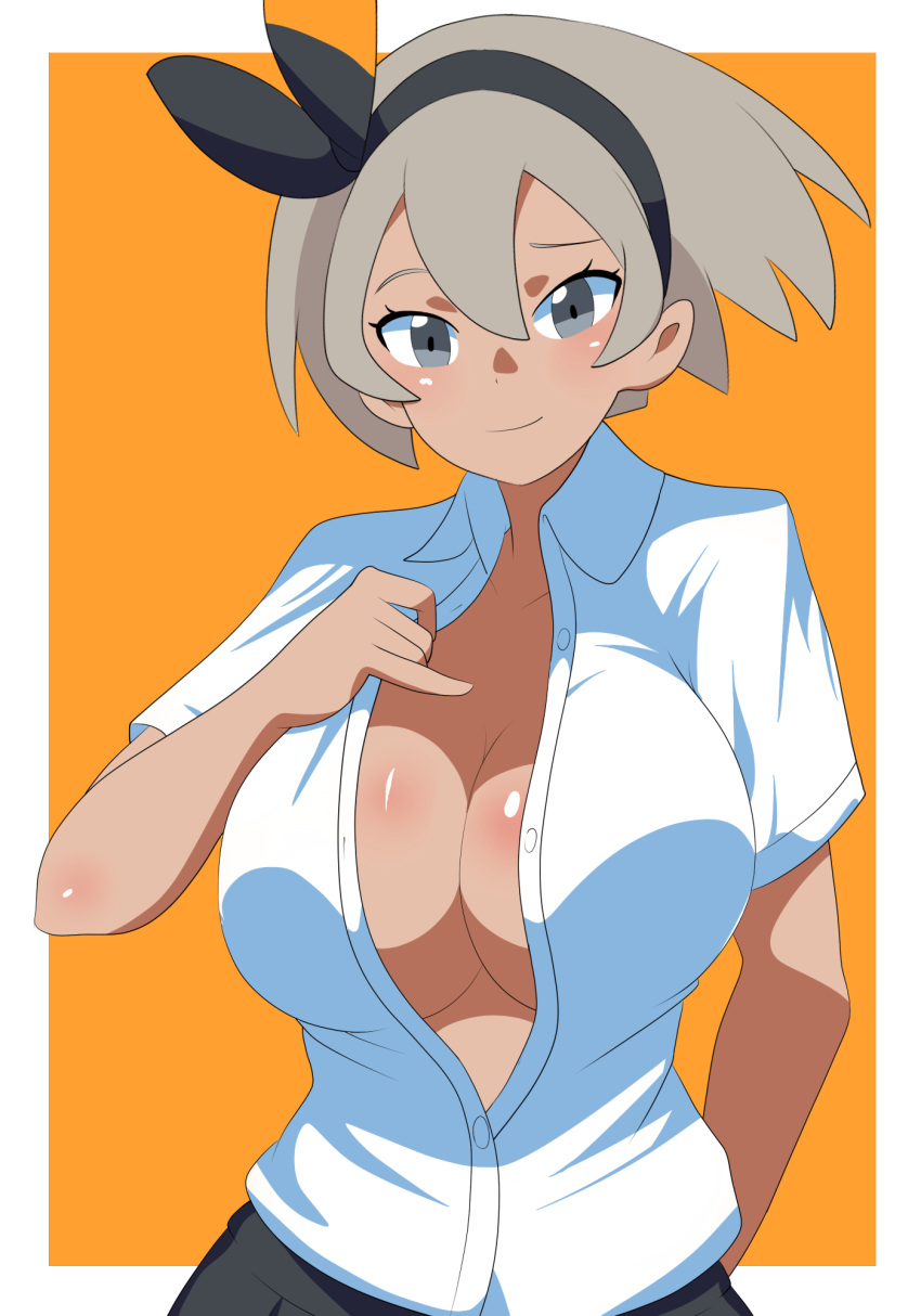 1girls bea_(pokemon) blush chelsea_cola eye_contact female female_only grey_eyes grey_hair hairband looking_at_viewer nintendo pokemon pokemon_ss presenting_breasts school_uniform short_hair simple_background smile solo