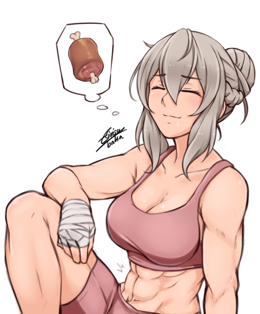 1girls abs airisubaka boned_meat breasts cleavage closed_eyes dreaming drooling effie_(fire_emblem) eyebrows_visible_through_hair female fire_emblem fire_emblem_fates food grey_hair hair_bun highres hungry meat medium_breasts midriff muscle muscular_female nintendo signature sports_bra thinking wrist_wraps