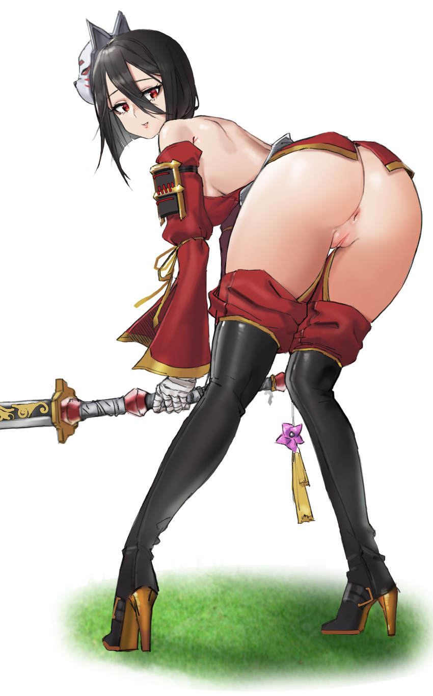 absurdres anus ass black_hair bob_cut boots butt_crack eun_bari female fox_mask grass hair_between_eyes high_heels highres last_origin mask pussy red_eyes short_hair smile solo sword tassel thigh_boots thighhighs uncensored weapon white_background