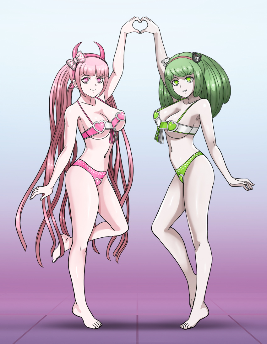 2girls aged_up bangs big_breasts breasts danganronpa danganronpa_ultra_despair_girls green_eyes green_hair hair_ornament hairband harem_outfit heart lingerie mind_control older pale-skinned_female pale_skin pink_eyes pink_hair pose posing shinzu031 smooth_skin towa_monaca utsugi_kotoko