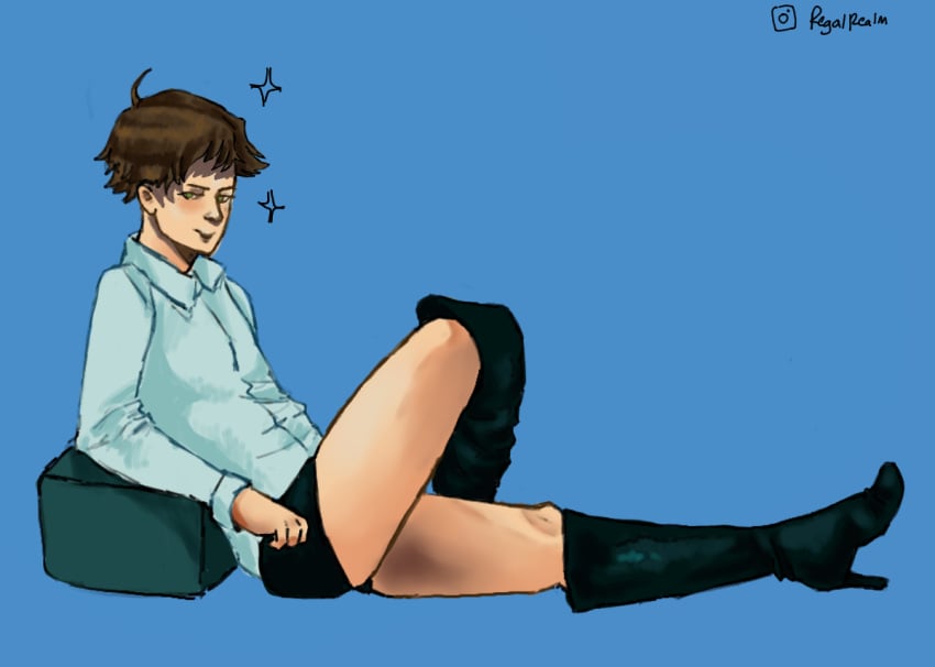 1boy blue_background boots brown_hair cushion dress_shirt knee_boots kneehighs rtgame signature youtube youtuber