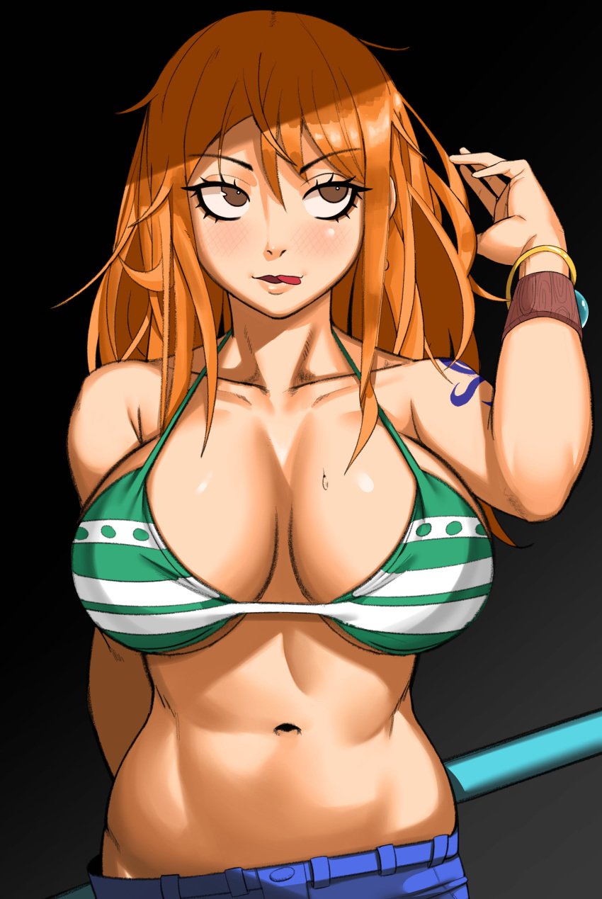 1girls big_breasts bikini breasts brown_eyes cleavage female female_only jeans kevbot large_breasts licking_lips long_hair nami navel one_piece orange_hair post-timeskip red_hair solo striped_bikini tongue_out