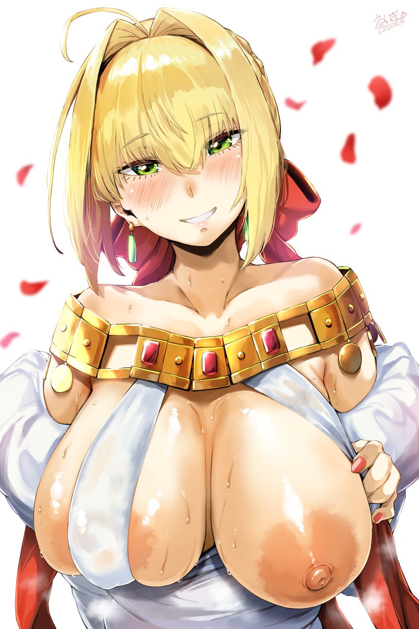 1girls 2020 absurdres ahoge areola_slip areolae artist_name artist_signature bangs bare_shoulders blonde_hair blush bow braid breast_slip breasts clavicle dress dress_pull earrings erect_nipples eyebrows_visible_through_hair eyes_visible_through_hair fate/extra fate/grand_order fate_(series) female female_only female_solo french_braid green_eyes grin hair_intakes hair_ornament hairbow happy hero_neisan heroic_spirit_formal_dress high_resolution highres huge_breasts jewelry large_areolae large_breasts light-skinned light-skinned_female long_hair looking_at_viewer manicure nail_polish necklace nero_claudius_(fate) nipples one_breast_out_of_clothes petals pink_nails pink_nipples red_bow red_hair_bow rose_petals signature simple_background smile solo sweat tied_hair very_high_resolution wet white_background white_dress