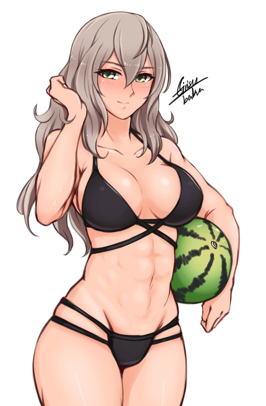 1girls abs airisubaka alternate_hairstyle artist_name bare_shoulders bikini black_bikini blush breasts cleavage collarbone cowboy_shot effie_(fire_emblem) eyebrows_visible_through_hair eyes_visible_through_hair female female_only fire_emblem fire_emblem_fates food fruit green_eyes grey_hair hair_between_eyes highres holding human human_only long_hair looking_at_viewer medium_breasts midriff navel nintendo signature simple_background sleeveless smile solo standing swimsuit toned watermark watermelon white_background