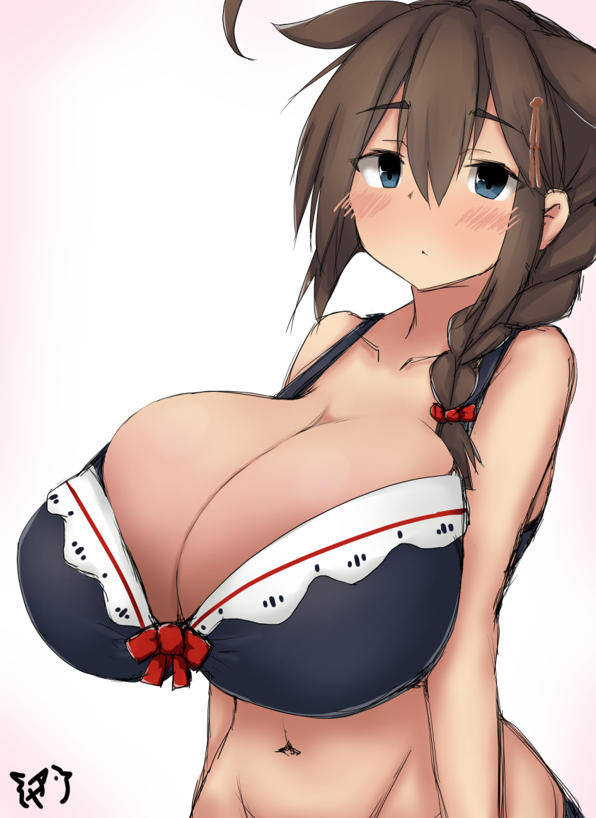 aytk023 big_breasts blue_eyes blush bra breasts brown_hair busty female female_only huge_breasts kantai_collection looking_at_viewer shigure_(kantai_collection) solo solo_female tagme top_heavy