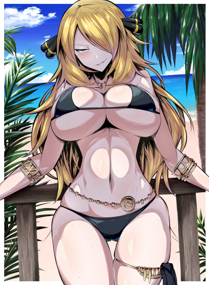 1girls alternate_version_available big_breasts bikini blonde_hair blush cynthia_(pokemon) eye_contact female female_only hair_ornament horny huge_breasts long_hair looking_at_viewer necklace nintendo only_female pale-skinned_female pale_skin pokemon pokemon_dppt suzusiigasuki thighs