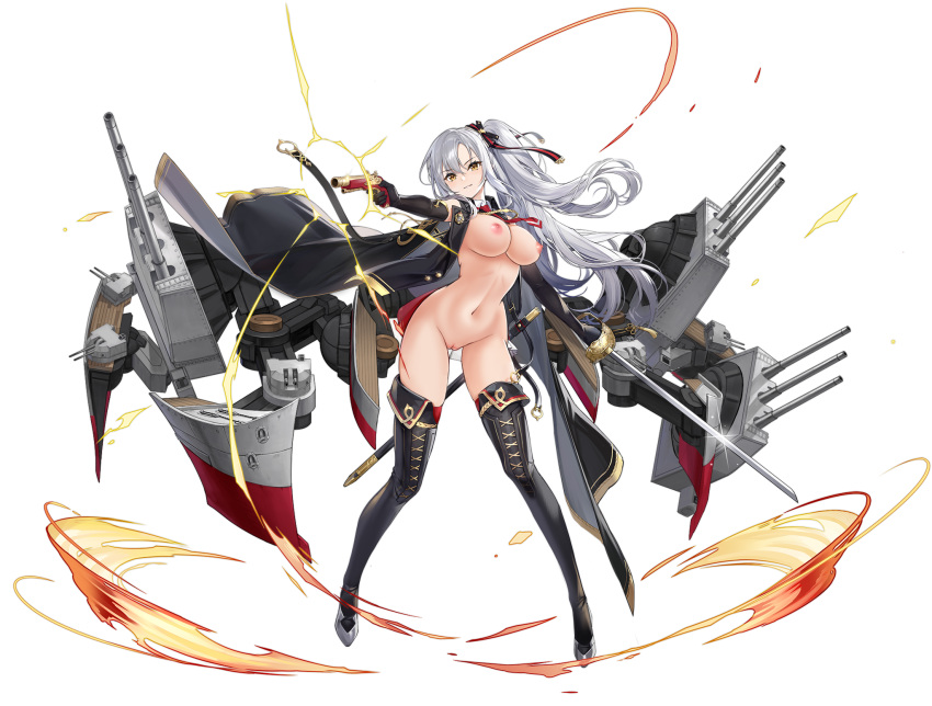 4:3_aspect_ratio areolae asymmetrical_hair azur_lane bare_shoulders black_cape black_footwear black_gloves breasts cape cleavage drake_(azur_lane) elbow_gloves female gloves gun hair_ornament handgun high_resolution large_breasts long_hair looking_at_viewer nipples nude nude_filter orange_eyes pistol ponytail rigging side_ponytail silver_hair solo strapless sword thighhighs third-party_edit tied_hair transparent_background turret uta_(pixiv) weapon world_of_warships