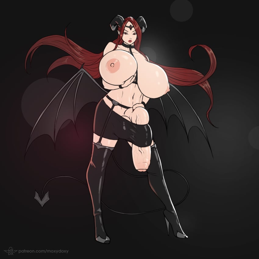 1futa auburn_hair balls bat_wings big_balls big_penis breasts color demon flaccid futa_only futanari garter_belt high_heels horns huge_breasts huge_cock huge_penis light-skinned_futanari lingerie looking_at_viewer moxydoxy no_bra no_panties penis penis_to_the_knees red_eyes red_hair solo_futa succubus tail thick_penis thighhighs uncut veiny_penis wings