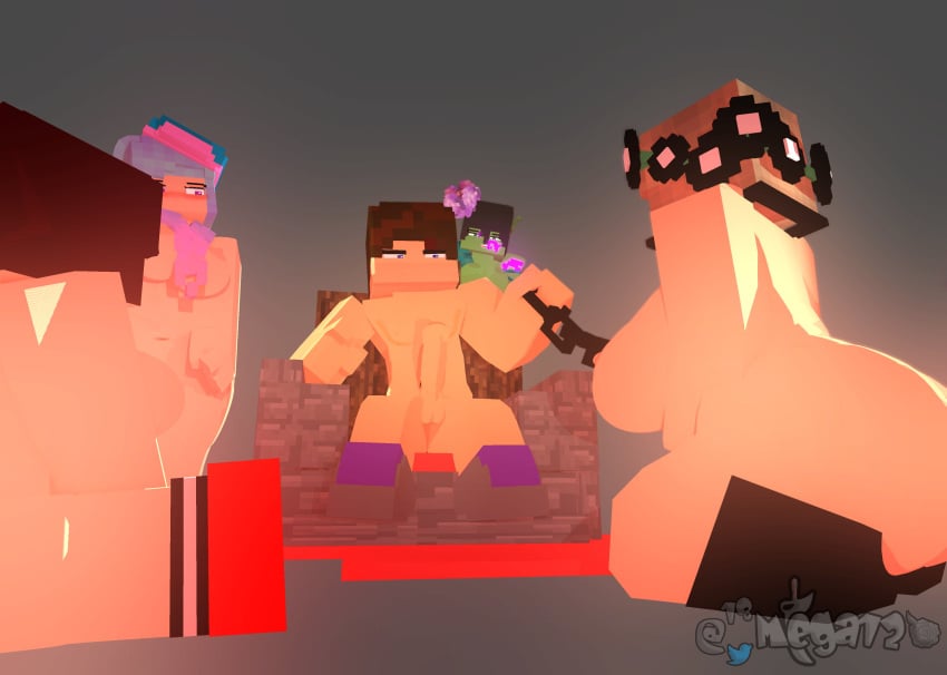 1boy 3d 4girls b.iris_(mega12) big_breasts black_hair blue_hair brown_eyes brown_hair cerena_(mega12) chain chained cores_(mega12) dog_collar doll erection harem human leash livia_(mega12) mega12 mine-imator minecraft nude original_character outdoors parody purple_eyes steve_(mega12) steve_(minecraft) tagme throne zombie_futa_(minecraft)