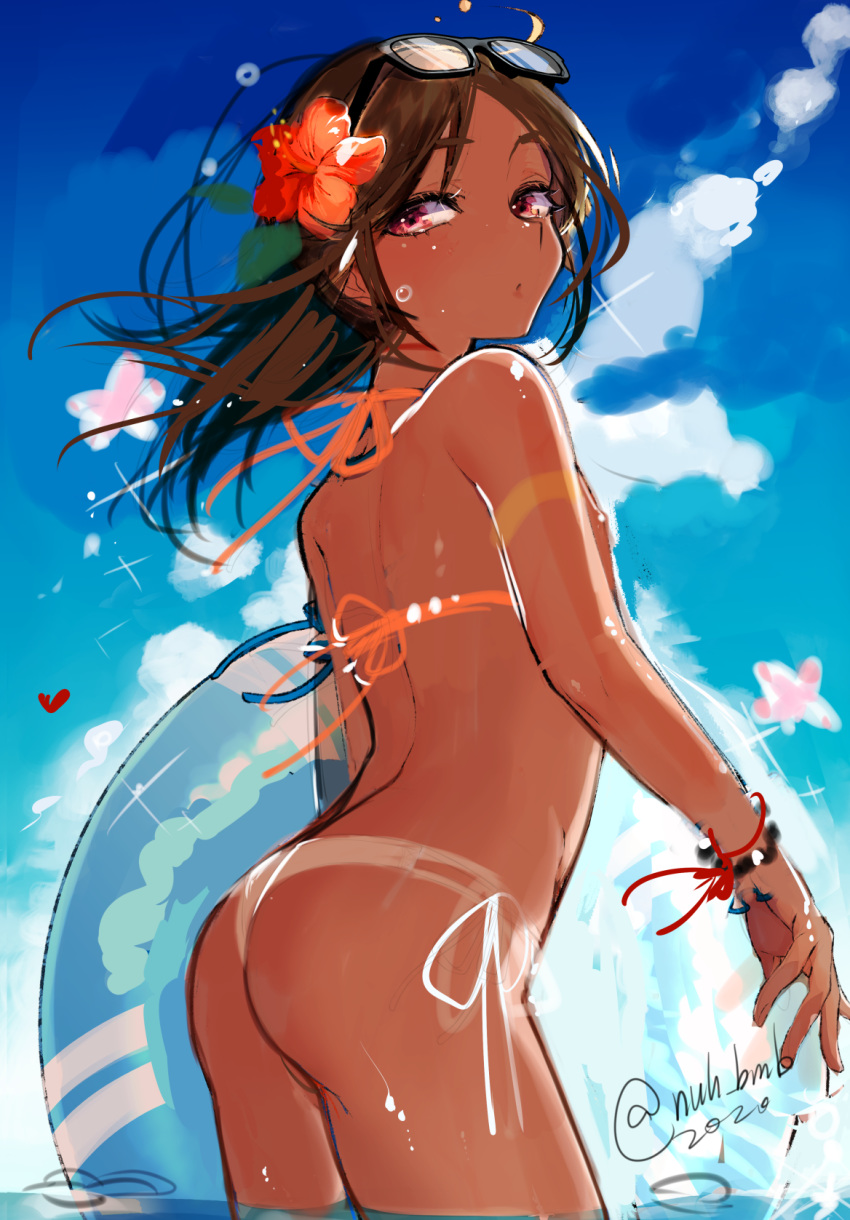 1boy ass bikini bracelet brown_hair femboy long_hair looking_back morino_bambi original sky solo solo_male standing tan trap water