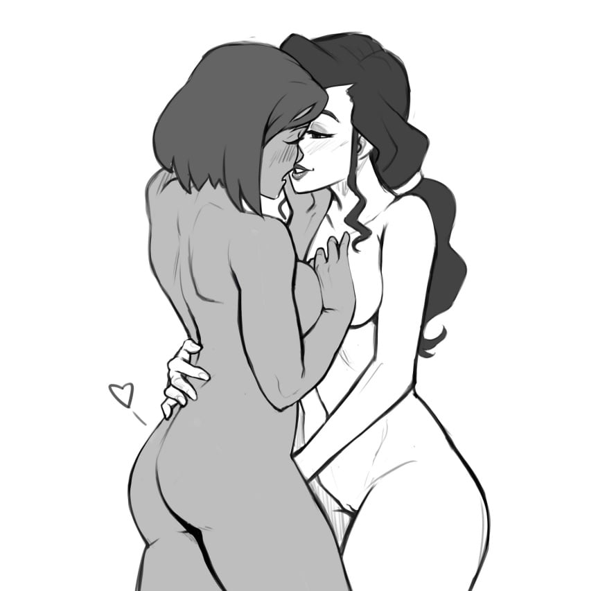 2girls asami_sato ass avatar_legends black_and_white blush canon_couple closed_eyes dark-skinned_female dirtyero_(artist) eyeshadow female female_only fingering grayscale half-closed_eyes hand_on_back hand_on_breast hand_on_face heart interracial korra lipstick medium_breasts monochrome nickelodeon nude open_mouth ponytail pussy romantic short_hair sideboob smile the_avatar the_legend_of_korra water_tribe white_background yuri