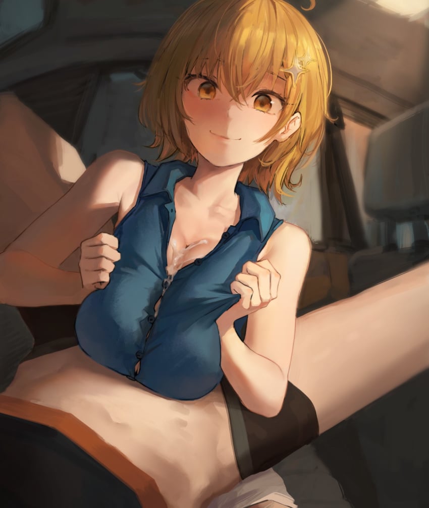 1boy ahoge bare_shoulders blonde_hair breasts car car_interior cum cum_on_body cum_on_breasts cum_on_upper_body dokyuu_hentai_hxeros female ground_vehicle hair_between_eyes hair_ornament highres hoshino_kirara large_breasts looking_at_viewer looking_down medium_hair motor_vehicle navel noccu paizuri paizuri_under_clothes pov smile spread_legs star_(symbol) star_hair_ornament yellow_eyes