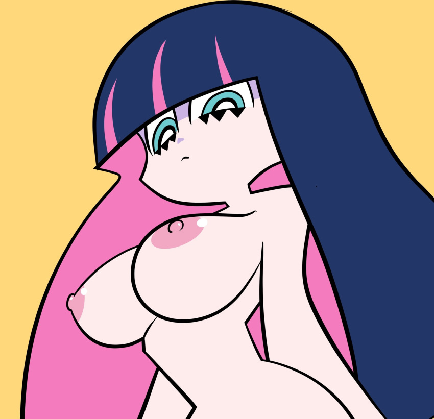 1girls accurate_art_style annoyed bangs blue_eyes blue_hair breasts drpizzaboi1 erect_nipples female female_only hime_cut large_breasts long_hair looking_down nipples nude panty_&amp;_stocking_with_garterbelt pink_hair plain_background solo stocking_anarchy two_tone_hair