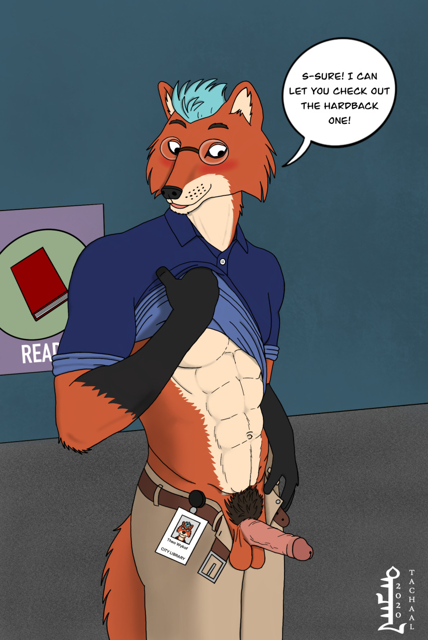 absurd_res anthro belt blush canid canine erection eyewear fox genitals glasses hi_res highlights_(coloring) humanoid_genitalia humanoid_penis librarian library male male_only mammal muscular muscular_anthro muscular_male name_tag penis pubes solo tachaal theo_wykof