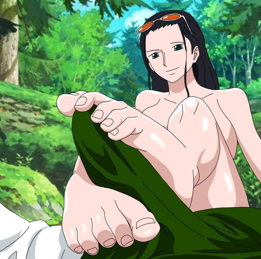 1boy 1boy1girl 1girls black_hair blue_eyes bulge bulge_through_clothing clothed_male_nude_female erection erection_under_clothes feet female foot_fetish foot_focus footjob footjob_over_clothes forest light-skinned_female light_skin male nico_robin nude nude_female oil one_piece penis roronoa_zoro stinks sunglasses sunglasses_on_head