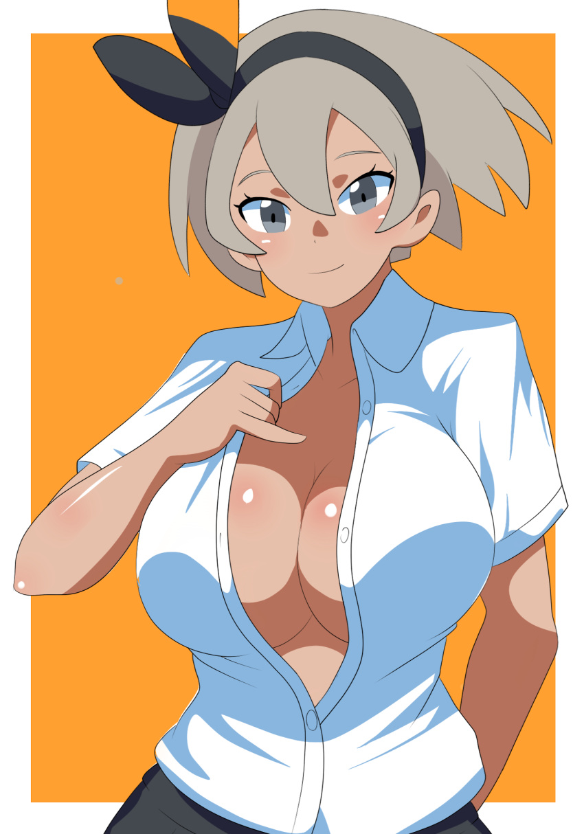 bea_(pokemon) big_breasts chelsea_cola clothed_female dark-skinned_female female female_focus female_only grey_hair nintendo pokemon pokemon_ss short_hair solo solo_female solo_focus