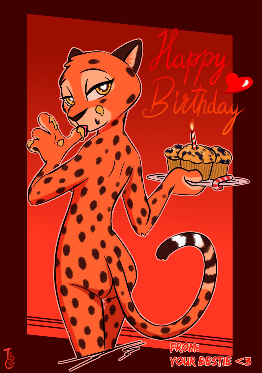 2020 anthro bodily_fluids brown_spots candle cheetah english_text felid feline female finger_fetish finger_lick finger_play fingers fire food fur genital_fluids hi_res holding_plate licking looking_at_viewer looking_back looking_back_at_viewer mammal muffin nude orange_body orange_fur pussy_juice red_background simple_background solo spots spotted_body spotted_fur stephie_(fraydia1) text theblueberrycarrots tongue tongue_out yellow_eyes