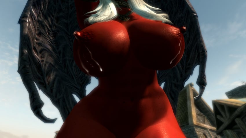 1girls 3d areolae big_breasts breasts busty daedra demon demon_girl demon_wings erzebet erzebet_(artist) female female_only freckles huge_breasts huge_nipples lactation lactation_without_expressing mole nipples nude nude_female red_skin skyrim solo solo_female succubus sweat sweaty the_elder_scrolls upper_body white_hair wings