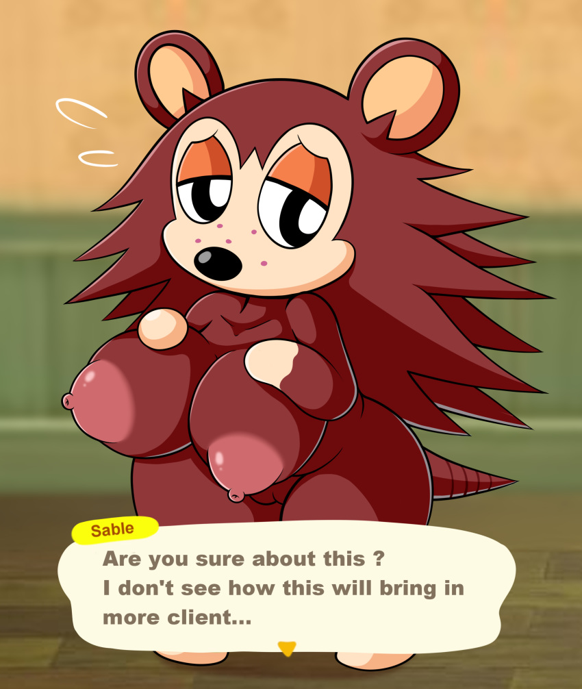 2020 absurd_res alternate_breast_size animal_crossing anthro big_breasts bodily_fluids breasts brown_body brown_fur english_text eulipotyphlan female flying_sweatdrops fur genitals half-closed_eyes hedgehog hi_res mammal narrowed_eyes nintendo nipples nude pussy sable_able solo sweat sweatdrop team_pervy text video_games