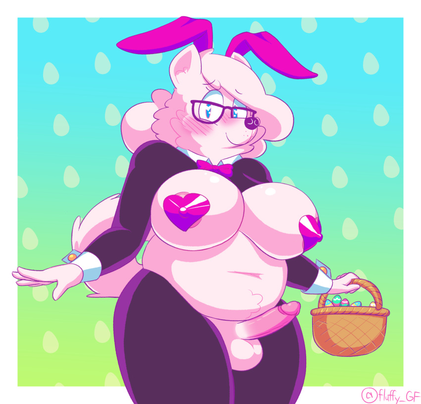 <3_eyes animal_humanoid anthro bobby_(fluffy_gf) breasts bunny_costume canid canid_humanoid canine canine_humanoid canis clothing cosplay costume dickgirl dog_humanoid domestic_dog eyewear fluffy_gf futa_only futanari genitals glasses heart hi_res humanoid intersex mammal mammal_humanoid nordic_sled_dog penis samoyed solo spitz