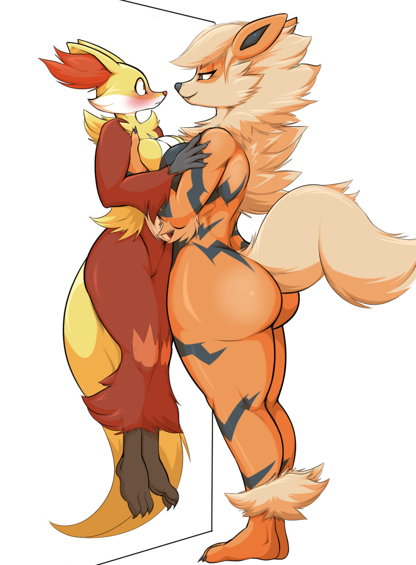 2girls anthro anthrofied arcanine ass big_ass black_fur blush breast_squish canine carrying danonymous delphox fox furry how_to_talk_to_short_girls larger_female lifted_by_another meme multicolored_fur multiple_girls nintendo orange_body orange_fur pokemon pokemon_(species) pokemon_rgby pokemon_xy red_fur sideboob tall_woman_meme thick_thighs yellow_fur