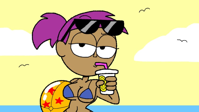 beach beach_ball bikini blue_bikini dark-skinned_female dark_skin drink enid female female_only looking_at_viewer montatora-501 ok_k.o.!_let's_be_heroes omegusmaximus purple_hair sunglasses sunglasses_on_head water