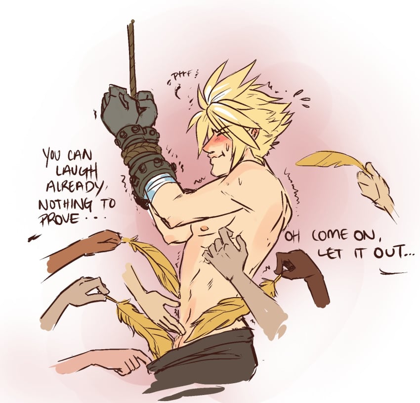 1boy 1male arms_bound arms_tied arms_up blonde_hair blonde_hair blush cloud cloud_strife detached_hands feathers final_fantasy final_fantasy_vii laugh male male_only nipples taunting tickle_fetish tickle_torture tickling wrist_cuffs wrists_bound