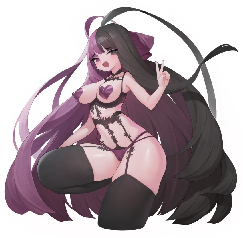 1girls black_legwear eyebrows_visible_through_hair hair_ribbon heart_pasties legwear lingerie original pasties purple_heart_pasties purple_pasties rabbit_(wlsdnjs950) solo solo_female tagme two_tone_eyes two_tone_hair v_sign