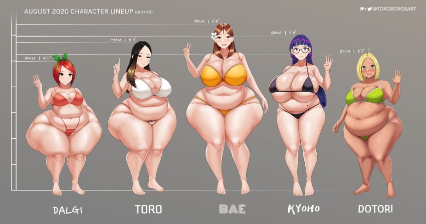 5girls bae_(toroboro) bbw belly big_belly big_breasts big_thighs bikini black_bikini black_hair black_panties black_underwear blonde_hair bottom_heavy bra breasts brown_hair character_sheet chubby chubby_female cleavage curvy_figure dalgi_(toroboro) deep_navel eyewear fat glasses green_bikini green_panties green_underwear hair huge_breasts huge_hips huge_thighs hyper_thighs kyoho_(toroboro) large_breasts looking_at_viewer navel obese overweight overweight_female panties purple_hair red_bikini red_hair red_panties red_underwear shortstack slightly_chubby thick_thighs thighs toro_(toroboro) toroboro underwear v voluptuous white_bikini white_panties white_underwear wide_hips yellow_bikini yellow_hair yellow_panties yellow_underwear