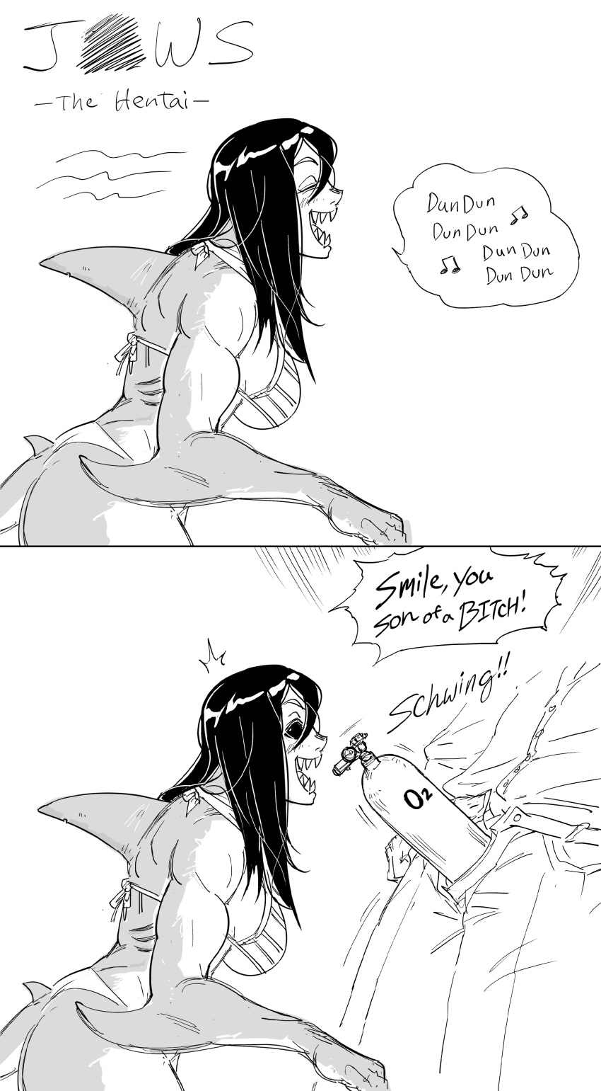 absurd_res anthro bb_(baalbuddy) comic english_text humor jaws_(film) monochrome oxygen_tank parody rough_sketch shark shark_girl two_panel_image