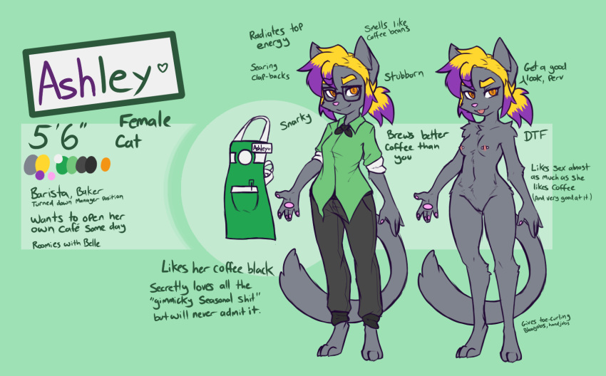 2019 anthro apron ashley_(mewgle) barefoot blonde_hair bottomwear breasts clothed clothing cute_eyes digitigrade domestic_cat english_text eyewear felid feline felis female fully_clothed fur genitals glasses green_background grey_body grey_fur hair hi_res highlights_(coloring) looking_at_viewer mammal mewgle model_sheet name_tag nipple_piercing nipples nude pants piercing pink_nose purple_highlights pussy shirt simple_background smile solo standing text tongue tongue_out topwear yellow_eyes