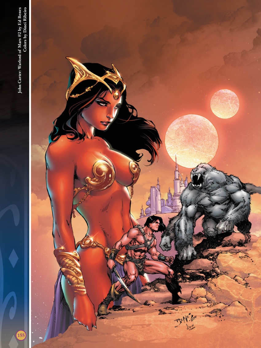 1boy 1boy1girl 1girls 4_arms a_princess_of_mars abs ape barsoom black_hair boots canon_couple dejah_thoris dinei_ribeiro ed_benes ed_benes_studio fit_female gold_pasties gorilla headdress holding_weapon john_carter john_carter_of_mars large_breasts loincloth long_hair martian monster multi_arm multi_limb muscular_male official_art pasties pink_skin royalty sword voluptuous