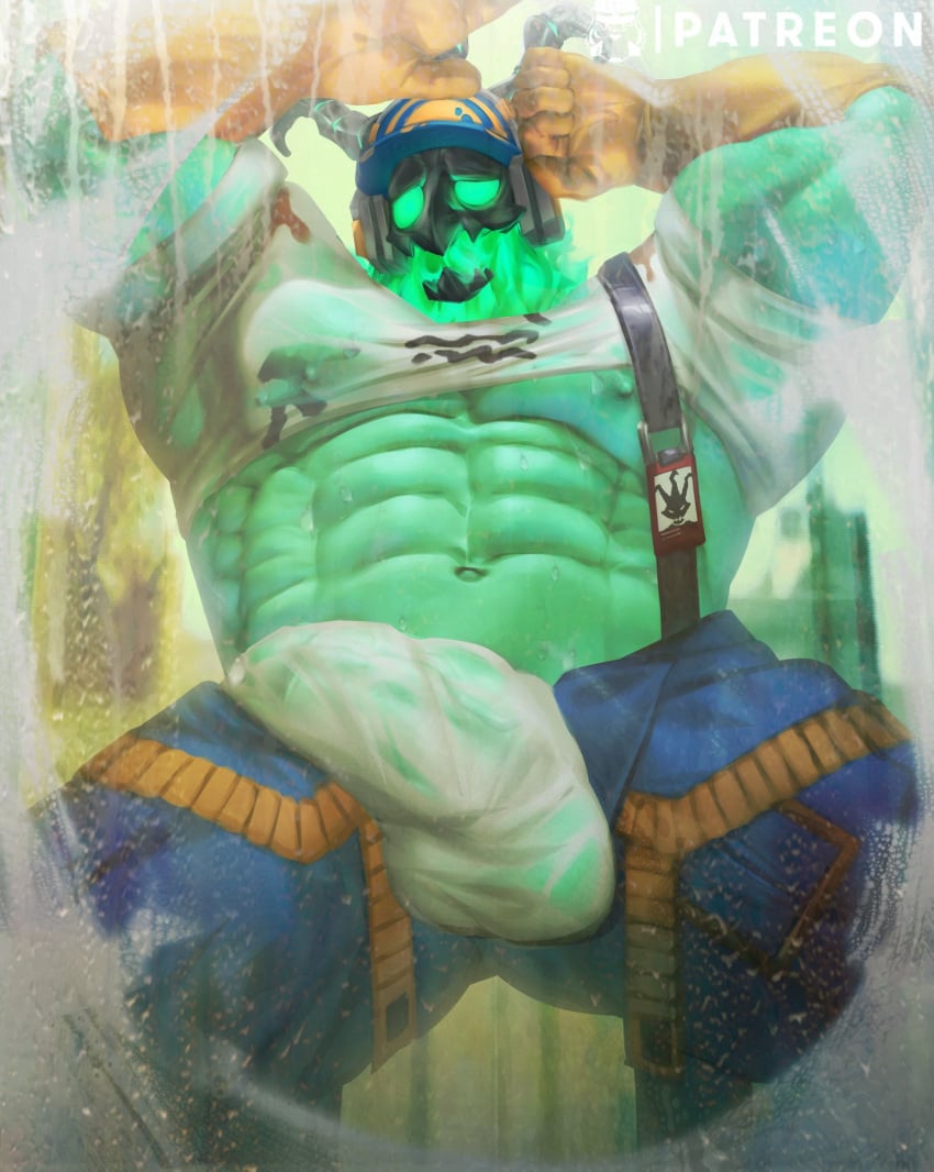 abs against_window arms_up bara big_pecs bozi bulge clothed clothing gloves handwear headphones headwear janitor_thresh league_of_legends male male_focus male_only muscular muscular_male open_pants pecs shirt shirt_lift solo solo_male the_grind_series thick_thighs thresh underwear