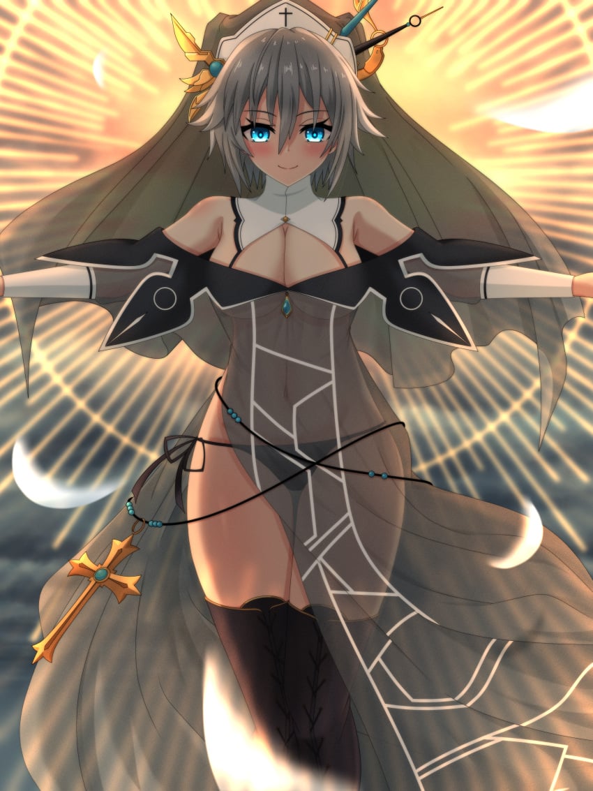 1girls 2d 2d_(artwork) belly belly_button blue_eyes blush bra bra_visible_through_clothes breasts date_a_live honjou_nia light-skinned_female lingerie nun nun_outfit panties panties_visible_through_clothing short_hair socks solo solo_female thick_thighs thighs translucent_clothing white_hair