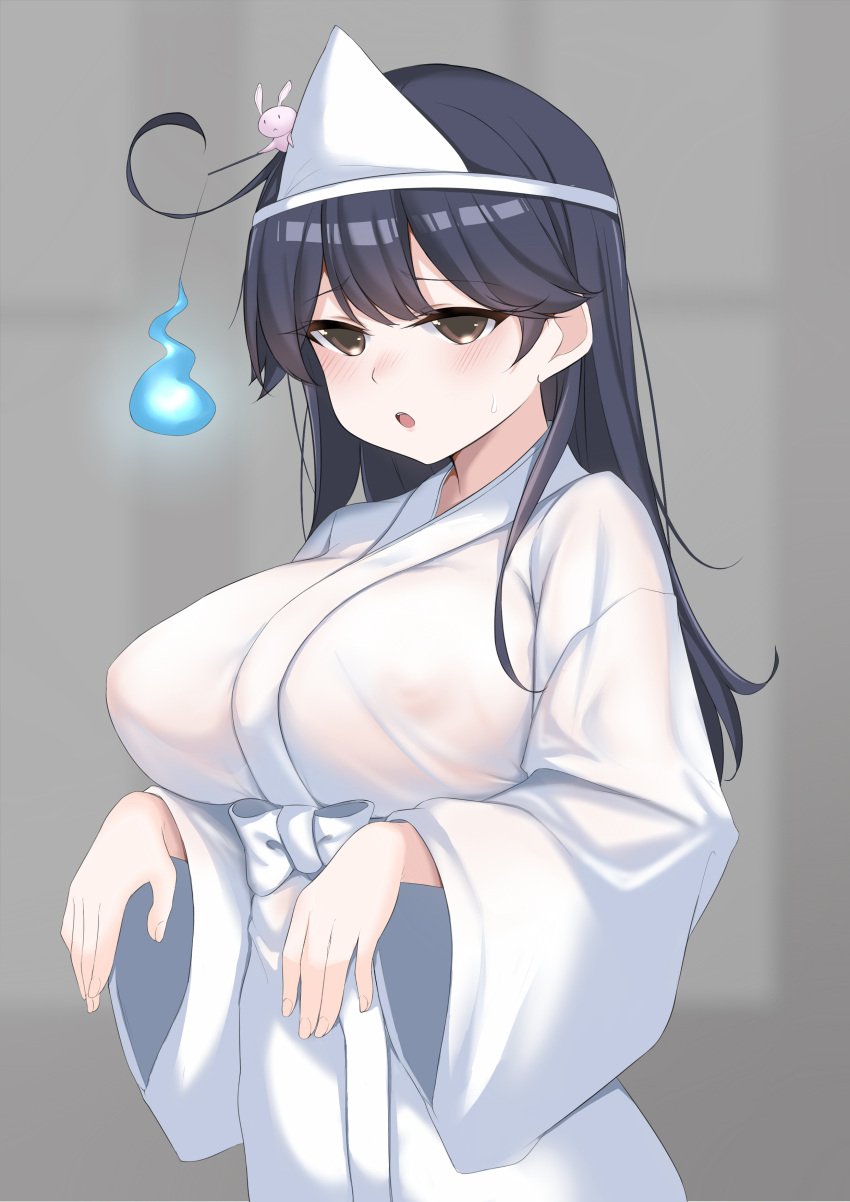 absurdres ahoge black_hair breasts brown_eyes female ghost_costume halloween highres japanese_clothes jiangyou_dang kantai_collection kimono large_breasts long_hair shiroshouzoku solo triangular_headpiece ushio_(kancolle) wet_kimono white_kimono