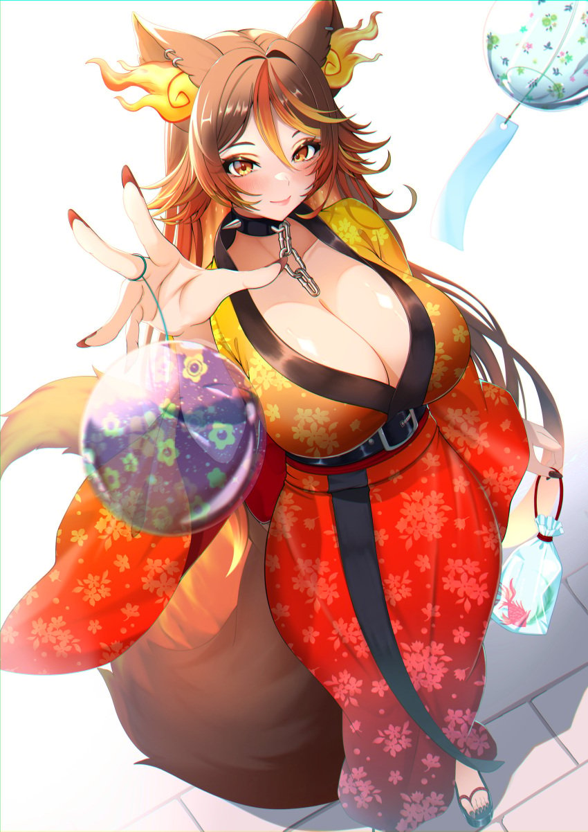 absurdres animal_ears black_collar black_footwear black_nails blonde_hair breasts brown_hair chains cleavage closed_mouth collar earrings female floral_print_kimono gradient_clothes gradient_kimono hair_between_eyes highres indie_virtual_youtuber japanese_clothes jewelry kangaruu_(momotk1109) kimono kinchaku large_breasts nail_polish orange_eyes orange_kimono pouch red_kimono sinder_(vtuber) solo spiked_collar spikes tail toenail_polish toenails twitch twitch.tv twitter virtual_youtuber wolf_ears wolf_girl wolf_tail youtube youtuber