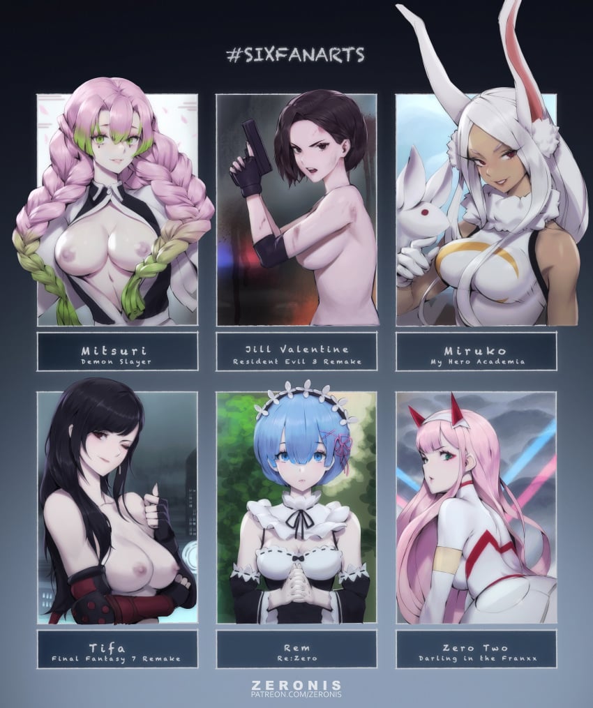 6girls armwear black_hair blue_eyes blue_hair breasts brown_hair bunny_ears casual crossover dark-skinned_female dark_skin darling_in_the_franxx demon_slayer female final_fantasy final_fantasy_vii firearm green_eyes gun hair_over_one_eye handgun handwear human jill_valentine jill_valentine_(sasha_zotova) kanroji_mitsuri kimetsu_no_yaiba long_hair looking_at_viewer maid maid_headdress miruko mostly_nude multiple_girls my_hero_academia pale_skin pink_hair public re:zero_kara_hajimeru_isekai_seikatsu red_eyes rem_(re:zero) resident_evil resident_evil_3 rumi_usagiyama six_fanarts_challenge smile tagme tifa_lockhart weapon white_hair zero_two_(darling_in_the_franxx) zeronis