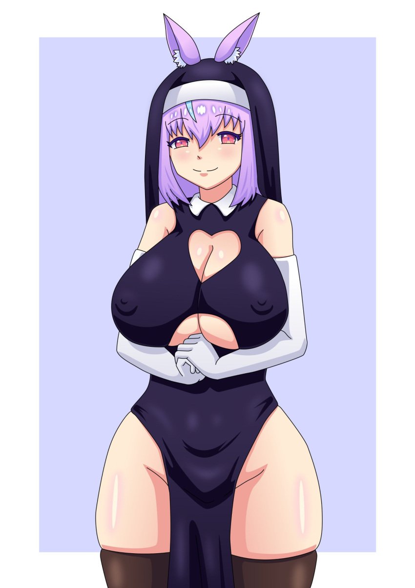 1girls 2020s 2022 animal_ear_fluff breasts demosense hyogayome indie_virtual_youtuber kangaroo_ears light-skinned_female light_skin looking_at_viewer nun nun_hat nun_outfit purple_background purple_hair red_eyes sexually_suggestive short_hair thighs virtual_youtuber